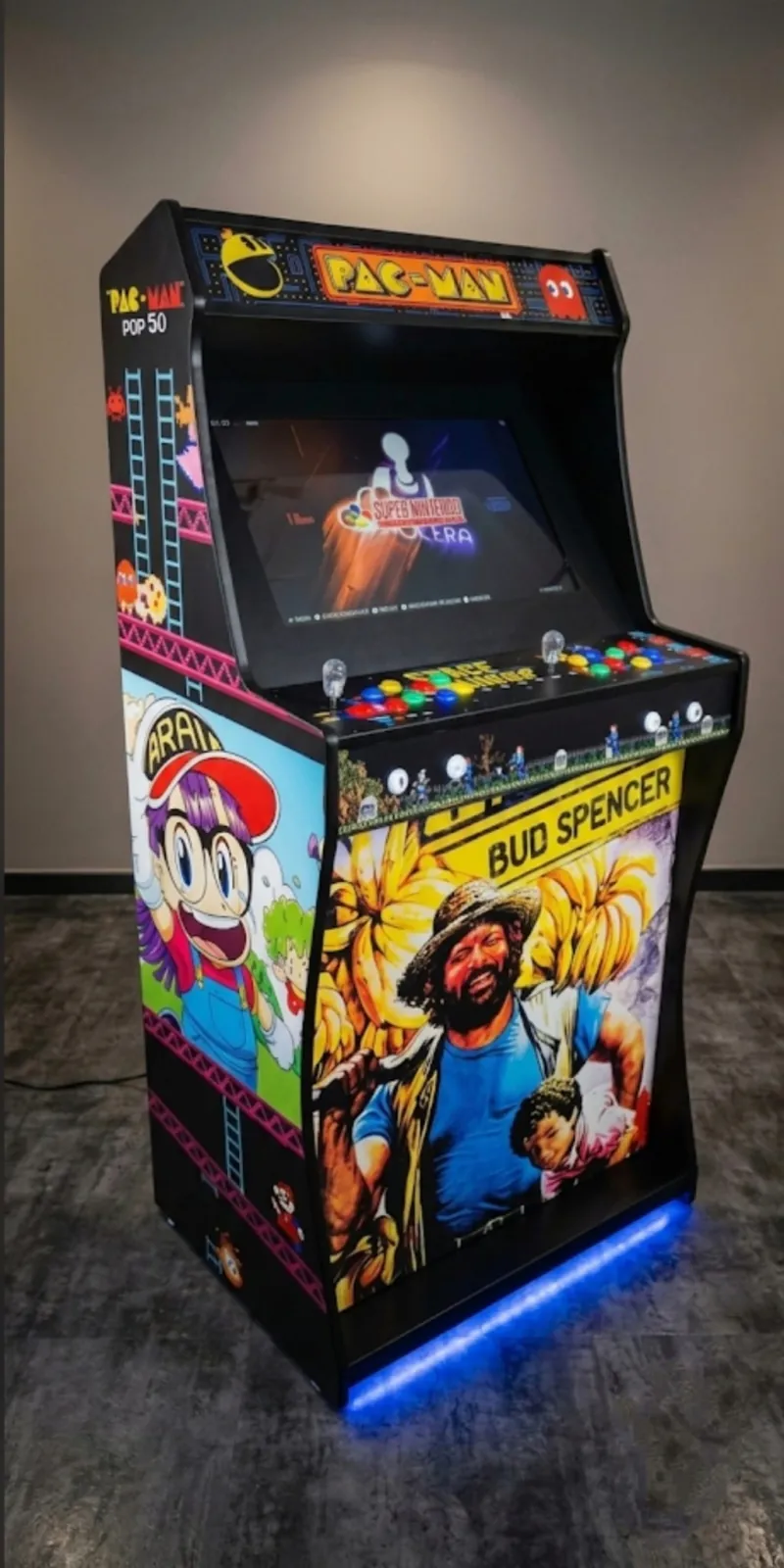 Máquina arcade temática Pac-Man y Bud Spencer con LED azul